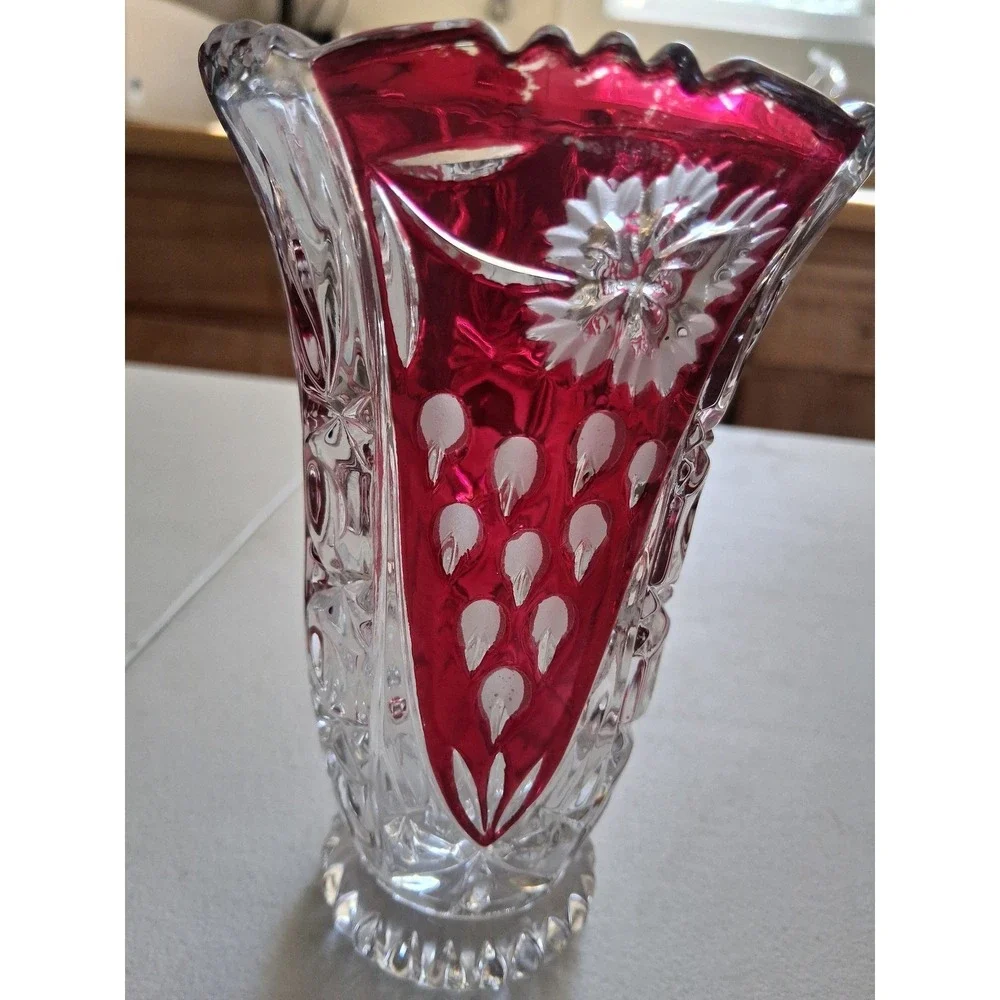Vintage Ruby Red Cut to Clear Crystal Vase Floral Scalloped Rim Bohemian 6 inch